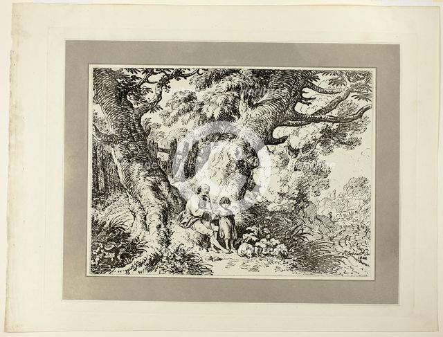 Old Trees with Old Man, a Girl, and a Dog, from the first issue of Specimens of..., 1802. Creator: Richard Corbould.