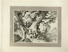 Old Trees with Old Man, a Girl, and a Dog, from the first issue of Specimens of..., 1802. Creator: Richard Corbould