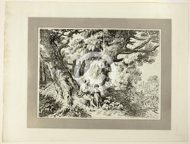 Old Trees with Old Man, a Girl, and a Dog, from the first issue of Specimens of..., 1802. Creator: Richard Corbould.