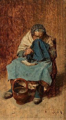 Old Venetian woman blowing her nose, 1874. Creator: August von Pettenkofen