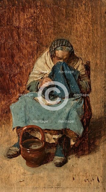 Old Venetian woman blowing her nose, 1874. Creator: August von Pettenkofen.