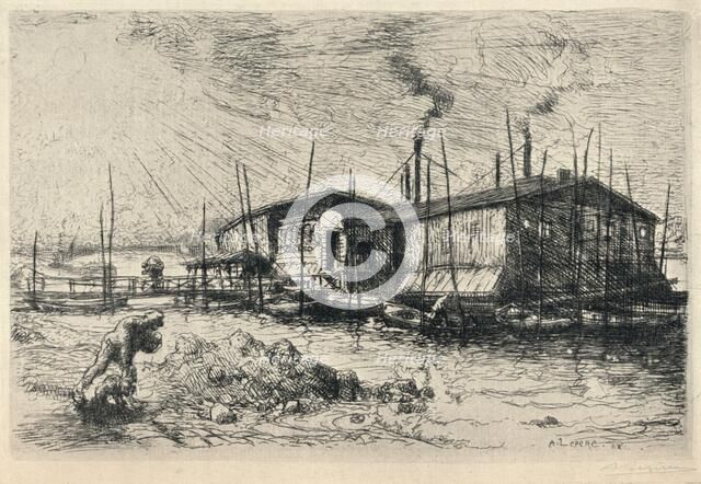 'Old Washing-boats at Grenelle', 1915. Artist: Auguste Lepere.
