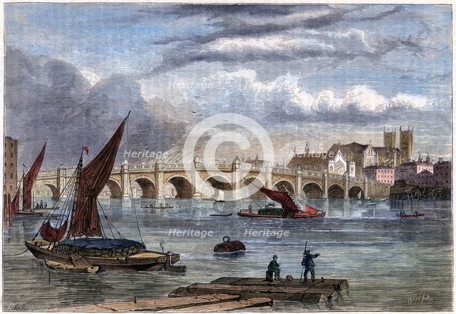 'Old Westminster Bridge in 1754', 19th century. Artist: Unknown