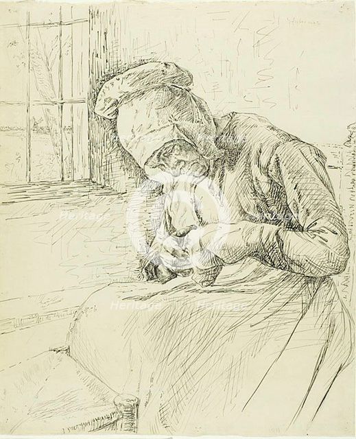 Old Woman Mending at the Window, 1881. Creator: Max Liebermann.