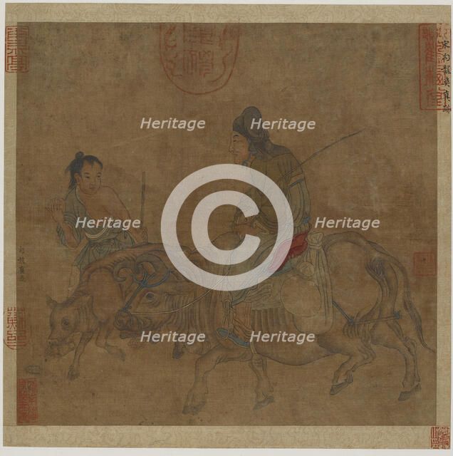 Old woman on ox, with herd-boy and calf, Possibly Ming dynasty, 1368-1644. Creator: Unknown.