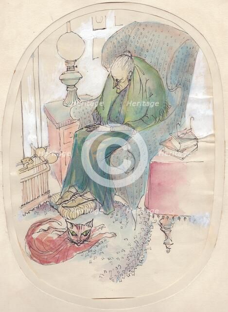 Old woman and cat, 1951.  Creator: Shirley Markham.