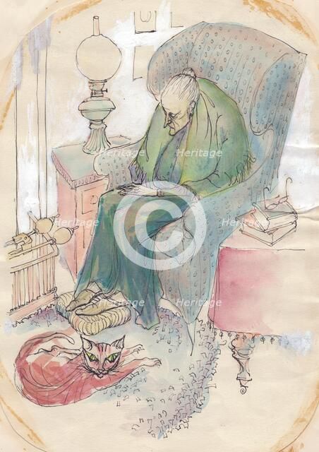 Old woman and cat, 1951. Creator: Shirley Markham.