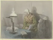 Old woman by lamplight, c1860. Creator: Angilbert Gobel