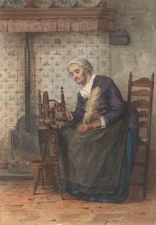Old woman in interior at spinning wheel, 1878. Creator: Hendrik Valkenburg