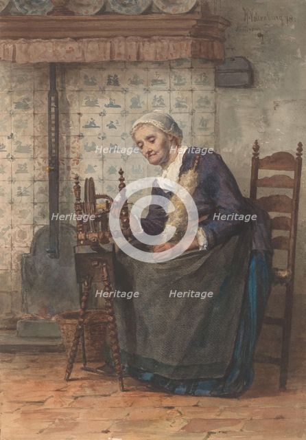 Old woman in interior at spinning wheel, 1878. Creator: Hendrik Valkenburg.