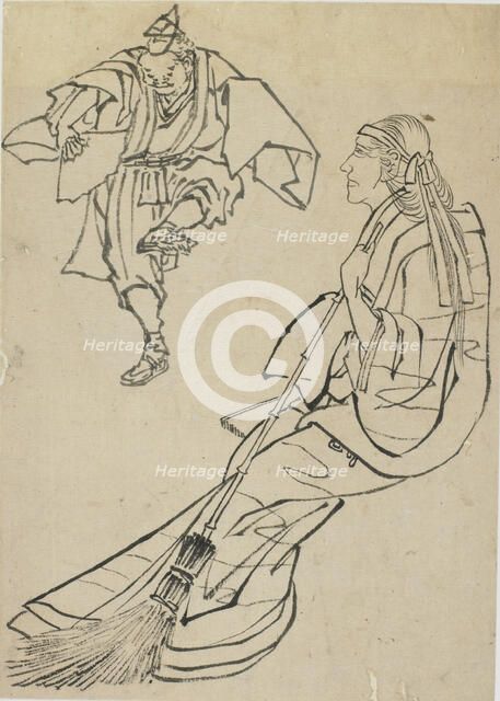 Old woman seated on bench before whom a man with fan dances, late 18th-early 19th century. Creator: Hokusai.