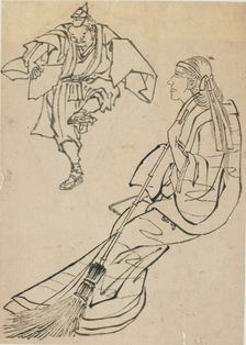 Old woman seated on bench before whom a man with fan dances, late 18th-early 19th century. Creator: Hokusai