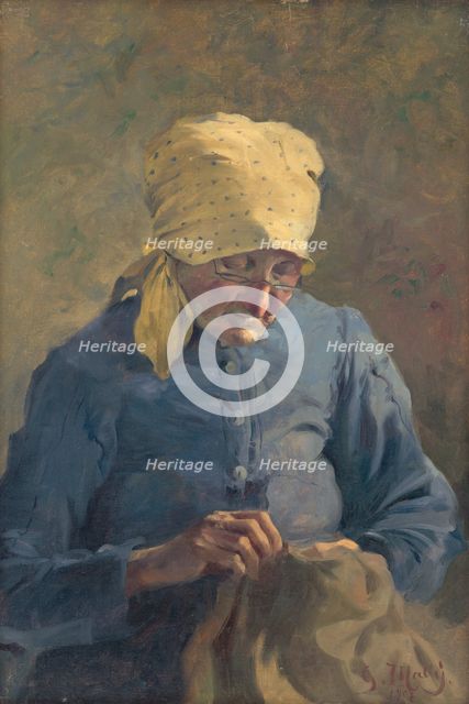 Old Woman Sewing, 1907. Creator: Gustav Mally.