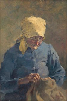 Old Woman Sewing, 1907. Creator: Gustav Mally