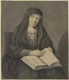 Old woman sitting reading a book, holding her glasses in her hand, half-length..., 17th-18th century Creator: Jean Pierre de Frey