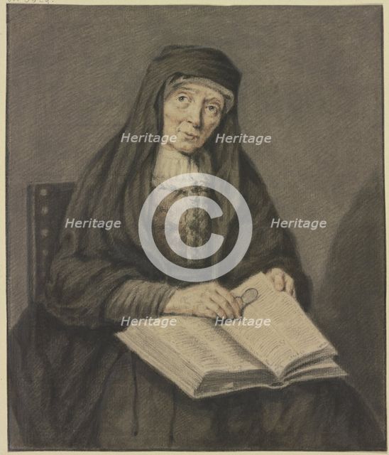 Old woman sitting reading a book, holding her glasses in her hand, half-length..., 17th-18th century Creator: Jean Pierre de Frey.
