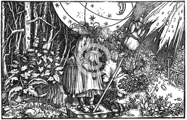 Old woman (witch or fairy) spinning, 1547. Artist: Hans Holbein the Younger