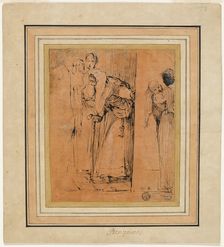 Old Woman with Cane in Door, with Black Maid Holding Child, and Other Figures, c. 1580. Creator: Unknown