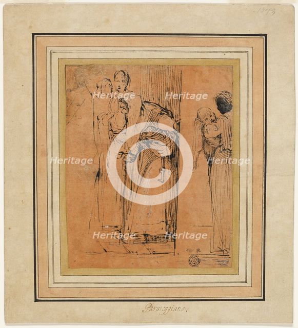Old Woman with Cane in Door, with Black Maid Holding Child, and Other Figures, c. 1580. Creator: Unknown.