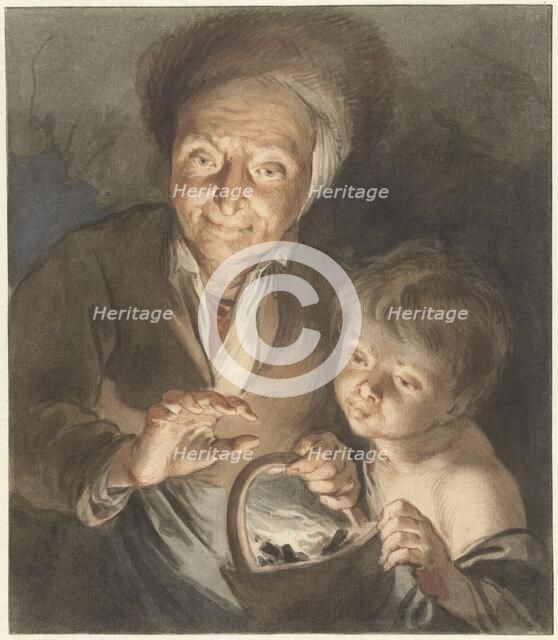 Old woman with child and chafing dish, 1734. Creator: Jacob de Wit.