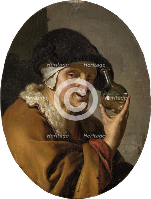 Old woman with bottle of urine: "The Quack", c1680.  Creator: Willem van Mieris.