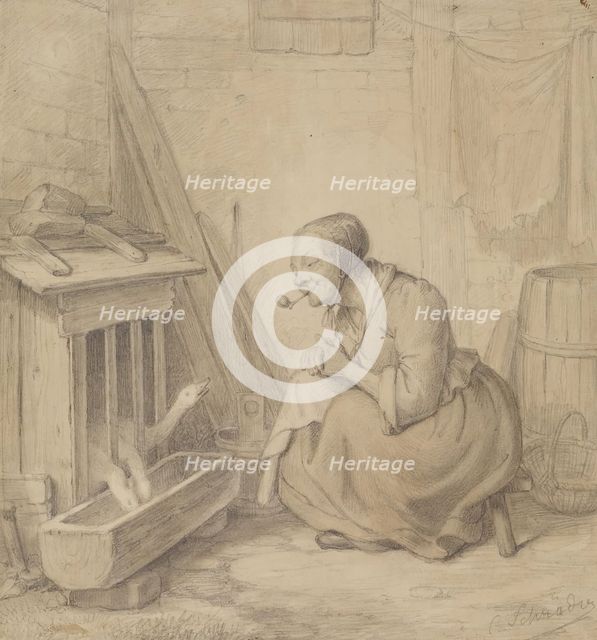 Old Woman with Pipe and Geese, 1802. Creator: Julius Carl Hermann Schroder.