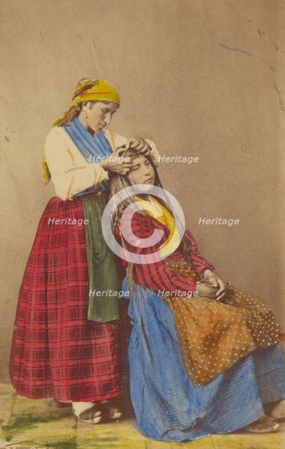 Older woman doing the hair of a younger woman., about 1870. Creator: Giorgio Conrad.