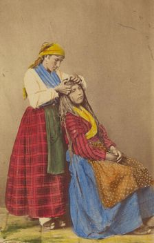 Older woman doing the hair of a younger woman., about 1870. Creator: Giorgio Conrad