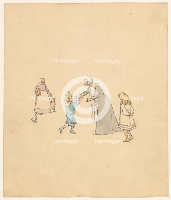 Older woman receives a boy, c.1880-c.1910. Creator: Anon.