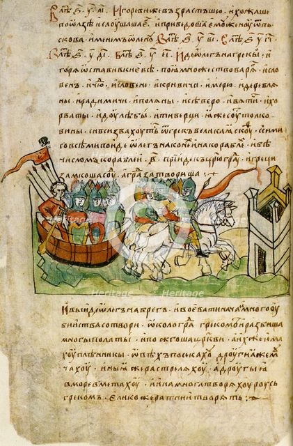 Oleg of Novgorod's campaign against Constantinople (from the Radziwill Chronicle), 15th century. Artist: Anonymous  