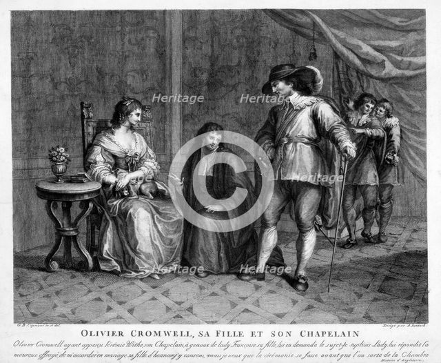 Oliver Cromwell, his daughter and his chaplain, 17th century.Artist: A Suntach