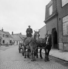 Olof Friberg, the last driver at Landskrona, with his two horses The Girl and Lottie, Sweden, 1950. Creator: Unknown
