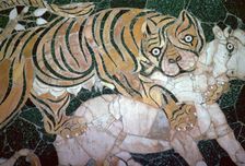 Opus sectile mosaic of a tiger seizing a calf, 4th century