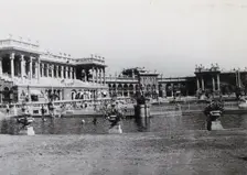 Open air baths in Budapest; two large pools separated by railings,...., c1900s. Creator: Unknown