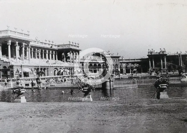 Open air baths in Budapest; two large pools separated by railings,...., c1900s. Creator: Unknown.