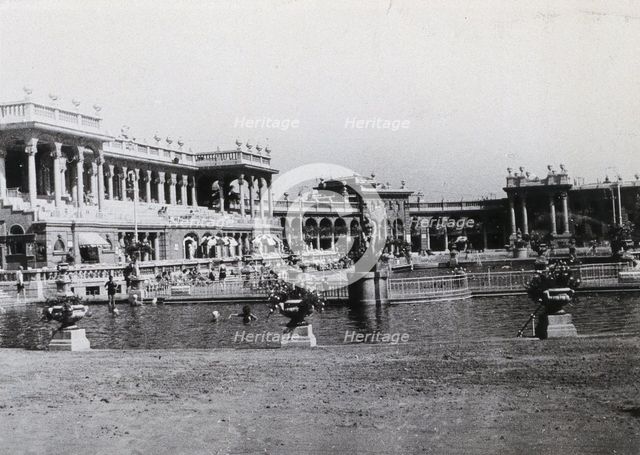Open air baths in Budapest; two large pools separated by railings,...., c1900s. Creator: Unknown.