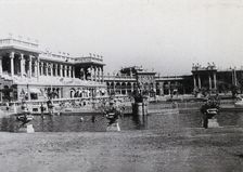 Open air baths in Budapest; two large pools separated by railings,...., c1900s. Creator: Unknown