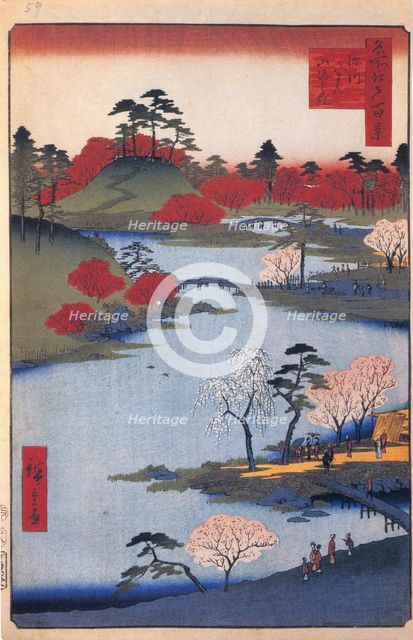 Open Garden at the Hachiman Shrine in Fukagawa. (One Hundred Famous Views of Edo), c. 1858. Artist: Hiroshige, Utagawa (1797-1858)