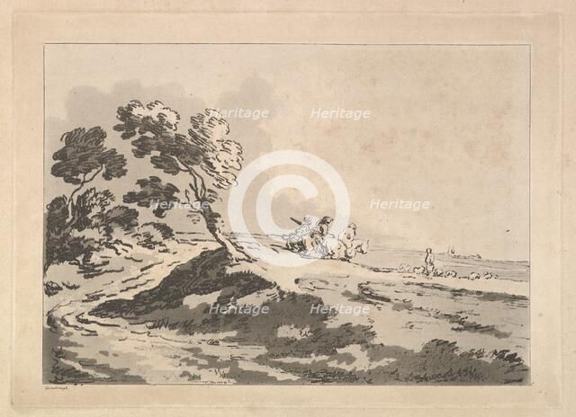 Open Landscape with Three Horsemen in the Middle Distance Heading to the Right, Windblo..., 1784-88. Creator: Thomas Rowlandson.