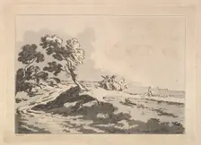Open Landscape with Three Horsemen in the Middle Distance Heading to the Right, Windblo..., 1784-88. Creator: Thomas Rowlandson