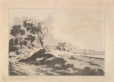 Open Landscape with Three Horsemen in the Middle Distance Heading to the Right, Windblo..., 1784-88. Creator: Thomas Rowlandson