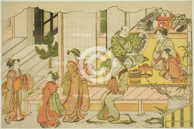 Opening the Storehouse (Kurabiraki), from the illustrated book "Colors of the Triple..., c. 1787. Creator: Torii Kiyonaga.