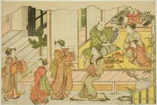 Opening the Storehouse (Kurabiraki), from the illustrated book "Colors of the Triple..., c. 1787. Creator: Torii Kiyonaga
