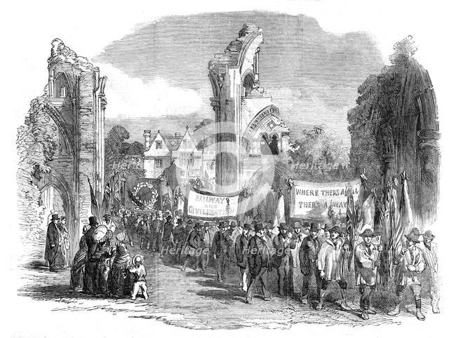 Opening of the Central Somerset Railway - Procession in the Abbey Grounds, at Glastonbury, 1854. Creator: Unknown.