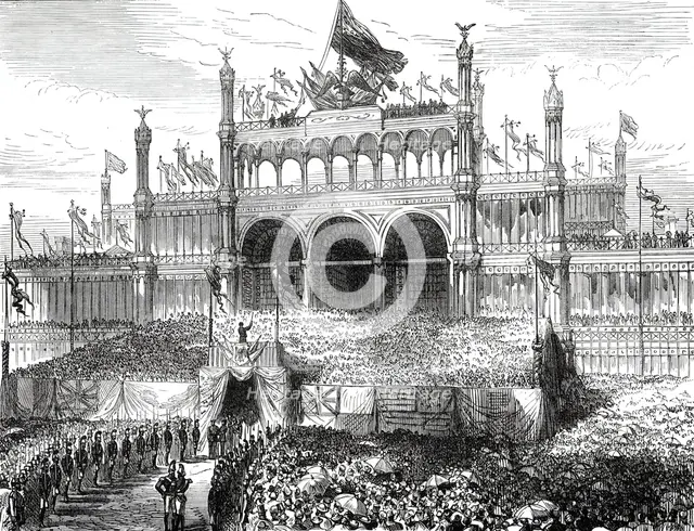 Opening of the American Centennial Exhibition: Chorus singing the Centennial Hymn...1876. Creator: Melton Prior.