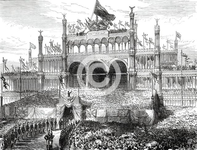 Opening of the American Centennial Exhibition: Chorus singing the Centennial Hymn...1876. Creator: Melton Prior.