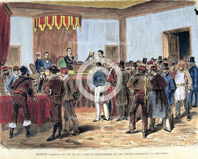Opening of the ballot boxes of the polling places in 1871, colored engraving in 'La Ilustración E…