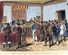 Opening of the ballot boxes of the polling places in 1871, colored engraving in La Ilustración E…