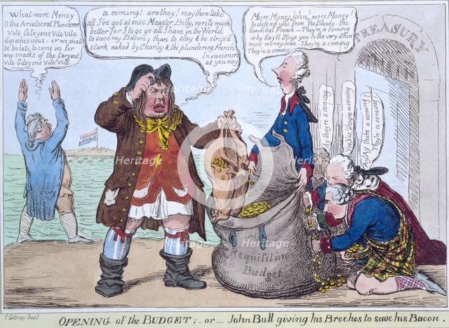 Opening of the Budget; or John Bull giving his breeches to save his bacon, 1818. Creator: James Gillray.