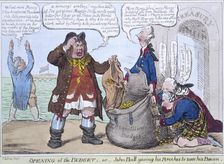 Opening of the Budget; or John Bull giving his breeches to save his bacon, 1818. Creator: James Gillray